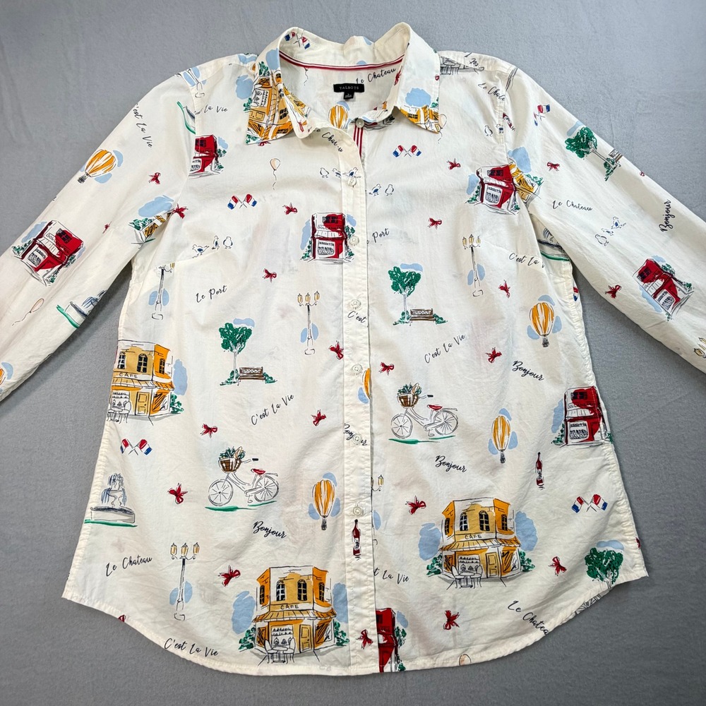 Talbots Womens White Button Down Sz L French Novelty C'est La Vie Whimsical - Picture 13 of 13